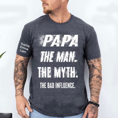 Personalized Papa Shirt with Kids Names, The Man Myth Bad Influence Grandpa Tee, Fathers Day Birthday Christmas Gift