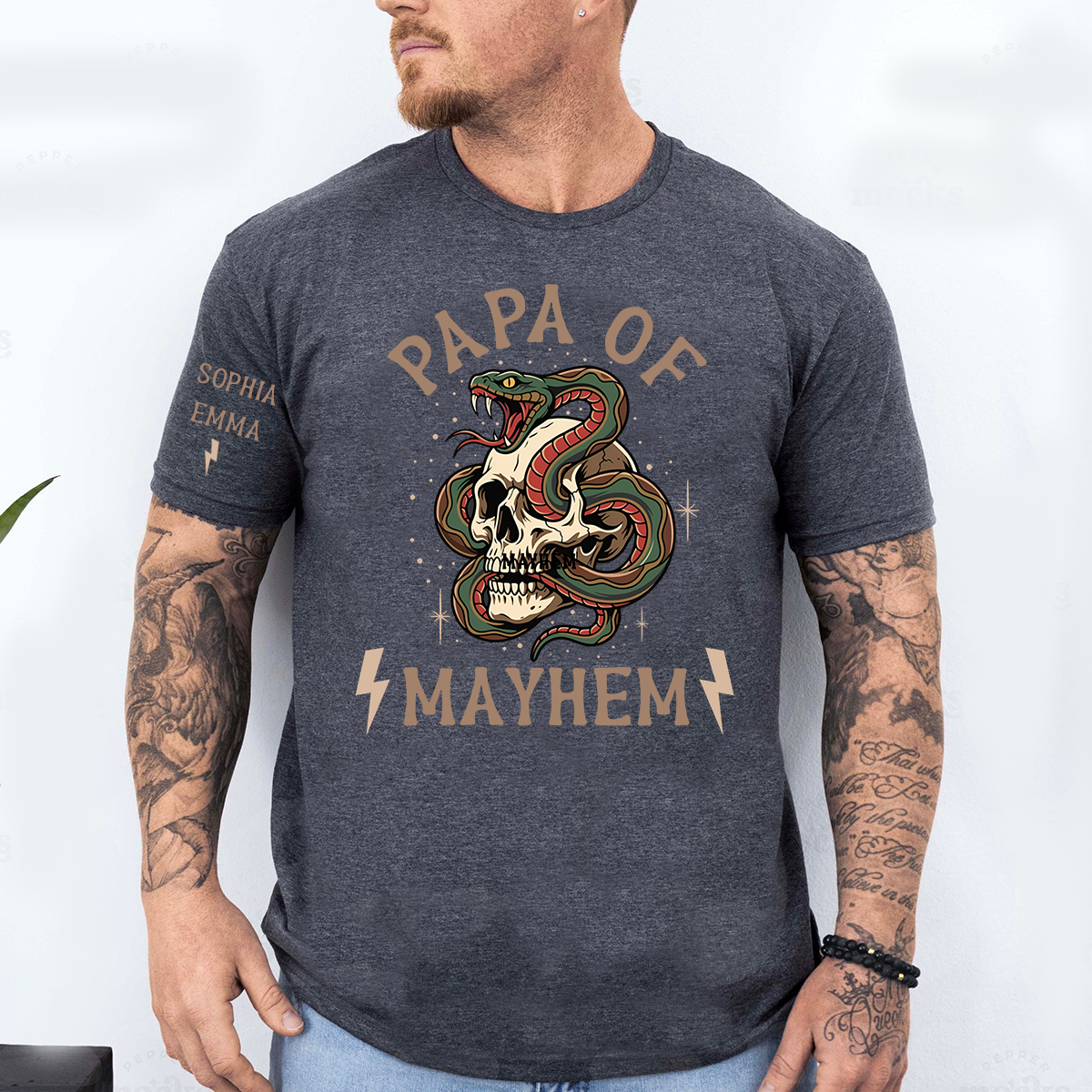 Papa Of Mayhem Personalized Shirt, Custom Papa Skull Snake Tee with Kids Names on Sleeve, Funny Grandpa Father Graphic T Shirt, Gift For Father’s Day Birthday