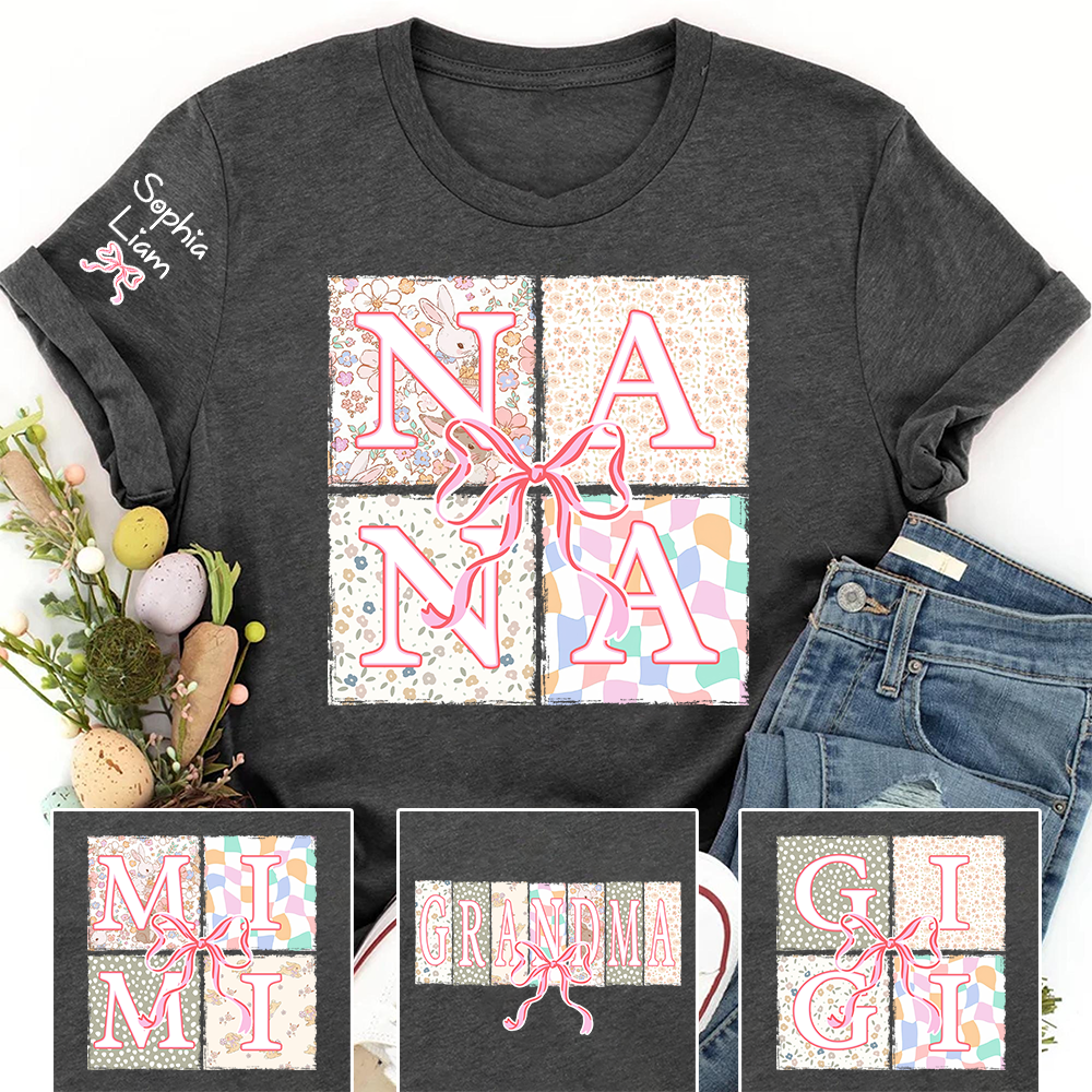 Personalized Nana Easter Shirt, Custom Grandma Shirt With Grandkids Names, Floral Bunny Patchwork Design