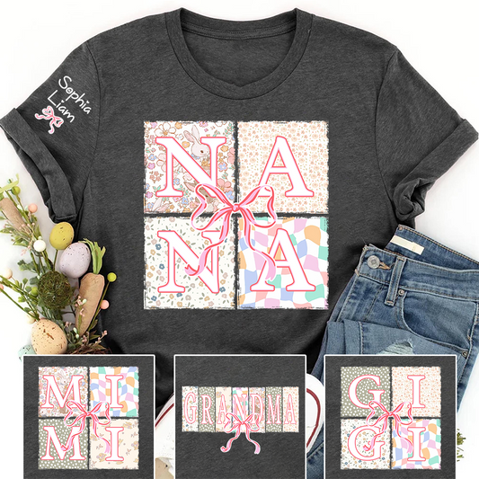Personalized Nana Easter Shirt, Custom Grandma Shirt With Grandkids Names, Floral Bunny Patchwork Design