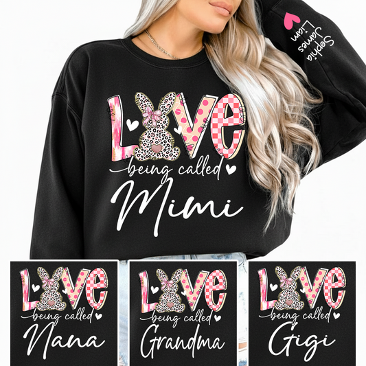 Love Being Called Mimi Sweatshirt With Bunny Design And Names, Easter Family Gift