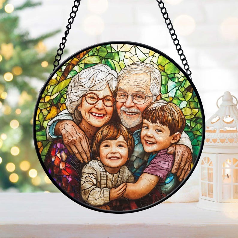 Custom Grandparents & Grandkids Portrait Faux Stained Glass, Custom Photo Family Window Hanging Ornament, Christmas Gift For Grandma, Grandpa