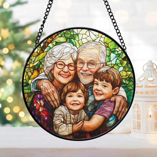 Custom Grandparents & Grandkids Portrait Faux Stained Glass, Custom Photo Family Window Hanging Ornament, Christmas Gift For Grandma, Grandpa
