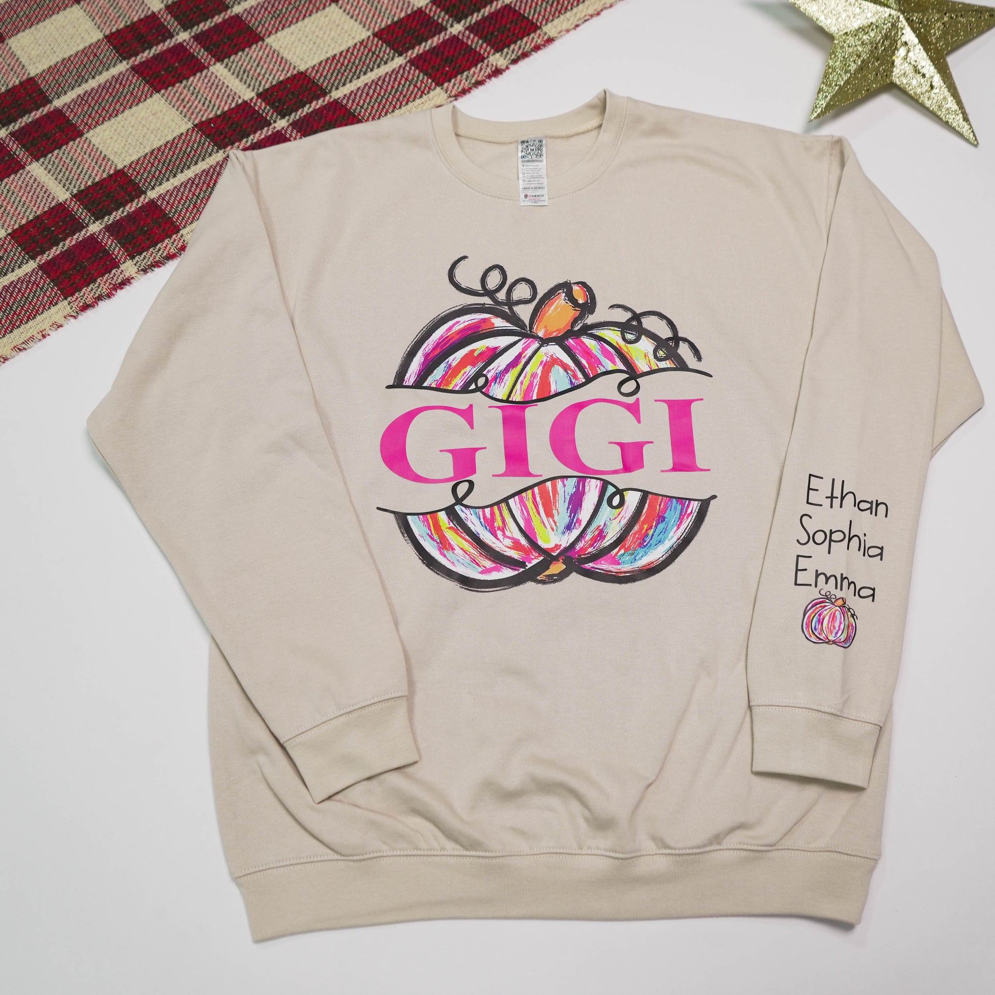 Personalized Mimi Painted Pumpkin And Grandkids Autumn Sweatshirt