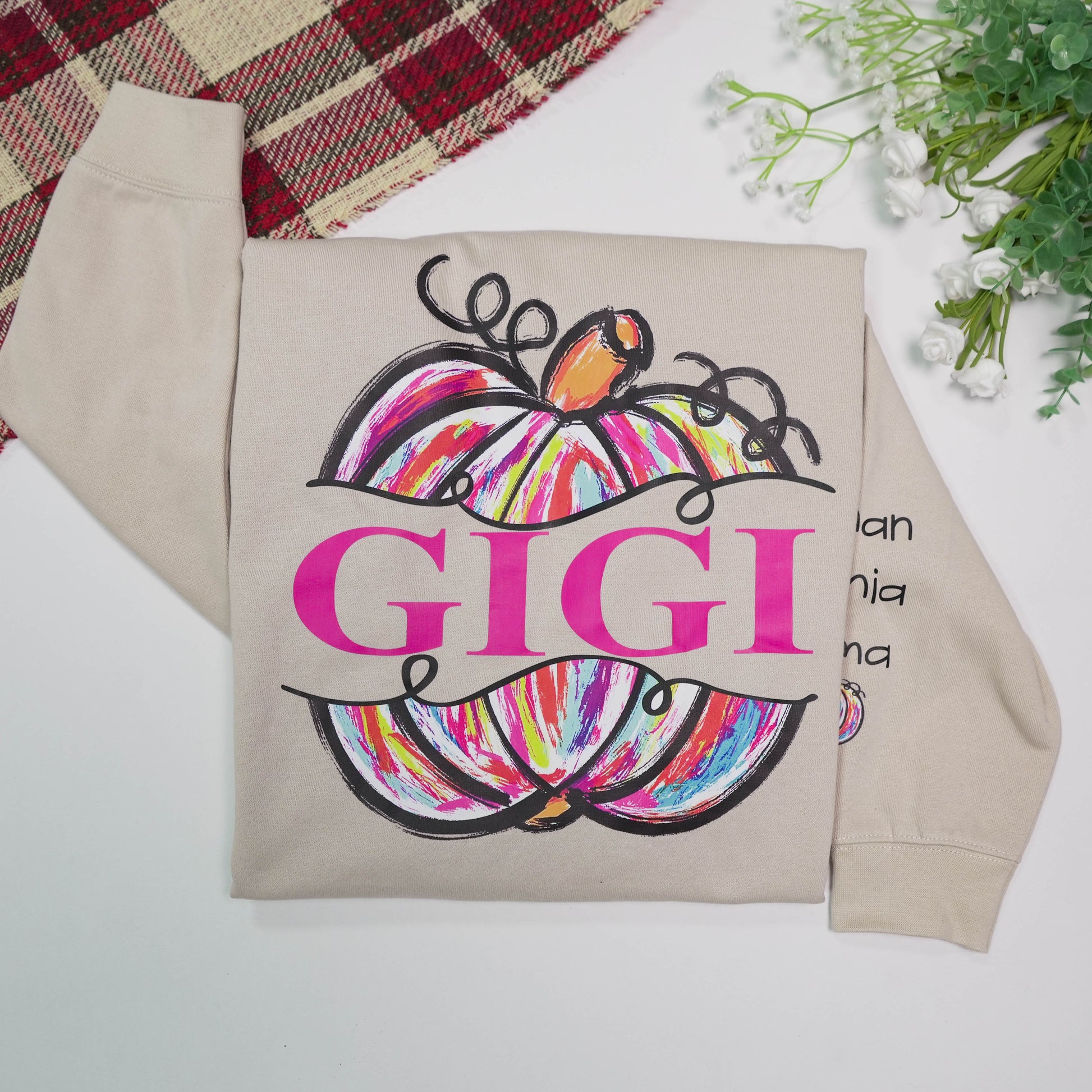 Personalized Mimi Painted Pumpkin And Grandkids Autumn Sweatshirt