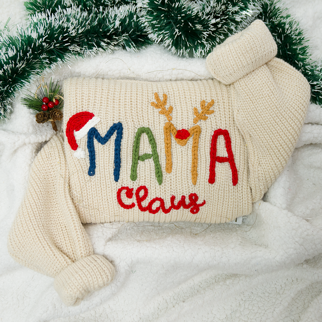 Custom Hand-Embroidered Christmas Knitted Sweater – Personalized Mama Claus Sweater with Festive Design