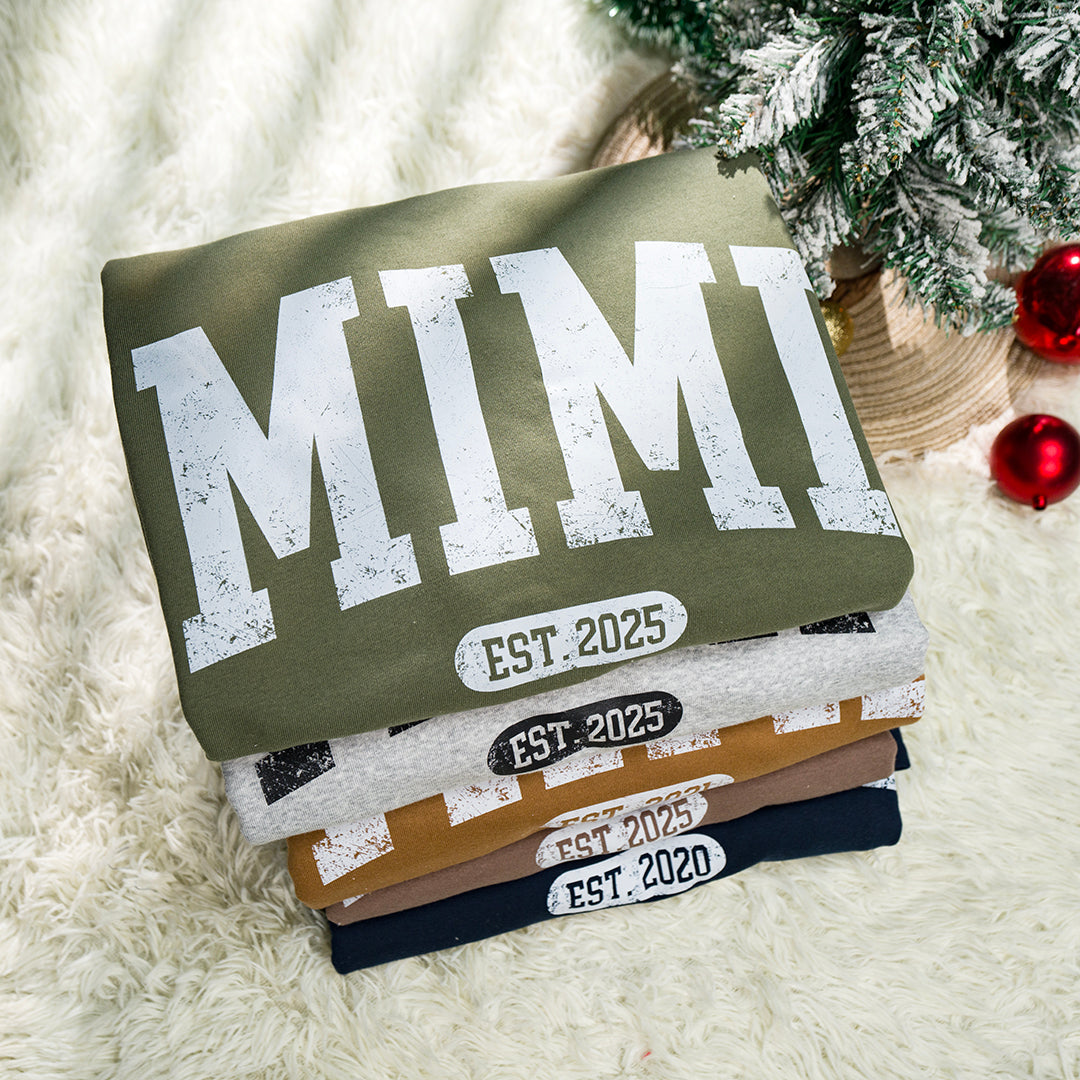 Personalized Mimi EST. 2025 Sweatshirt – Custom Grandkids' Names on Sleeve – Cute Gift for Grandma Christmas