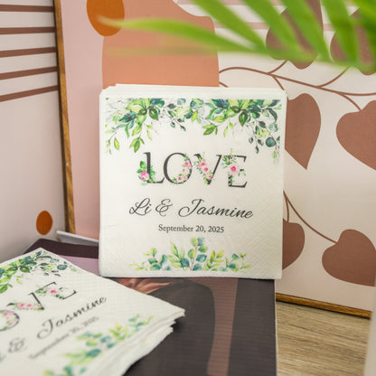 Custom Wedding Napkins with Bride and Groom Initials – Romantic Floral Green Wreath – Elegant Touch for Rustic & Garden Weddings