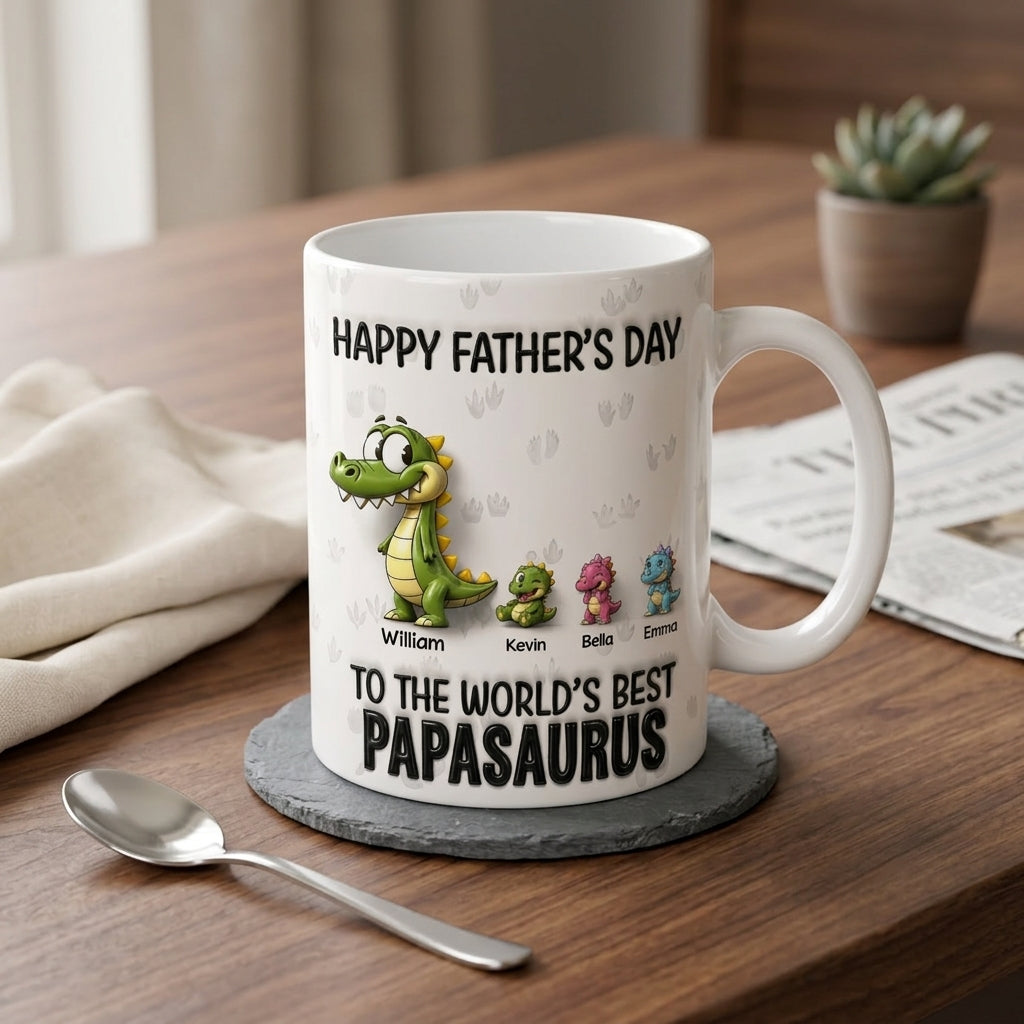 Father's Day Gift - Happy Father's Day To The Worlds Best Daddysaurus - Full-coverage flat print featuring a faux 3D look mug - Gift for Dad, Husband - Personalized Printfull Mug