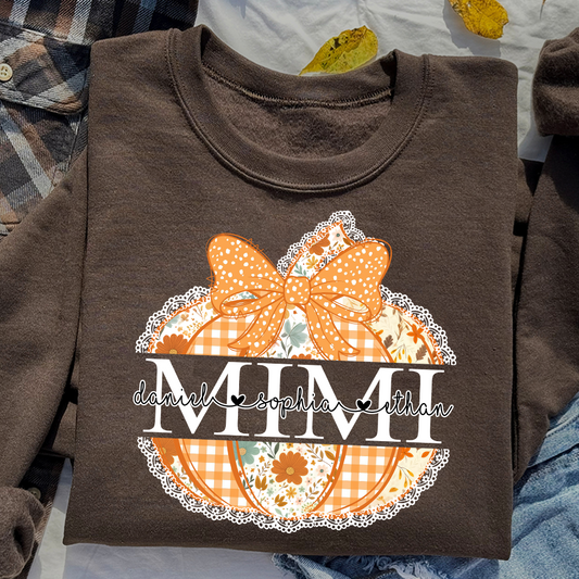 Personalized Mimi Pumpkin Shirt with Grandkids Names, Custom Fall Sweatshirt, Floral Pumpkin Grandma Gift, Thanksgiving Apparel