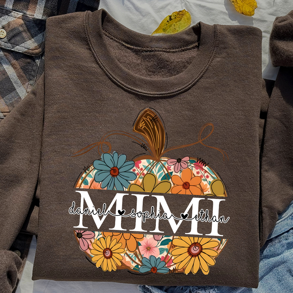 Custom Mimi Pumpkin Sweatshirt with Grandchildren Names, Personalized Floral Fall Shirt, Grandma Thanksgiving Gift