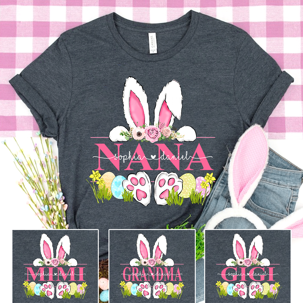Nana Pink Bunny Easter Days, Custom Grandma With Kid TH T-Shirt