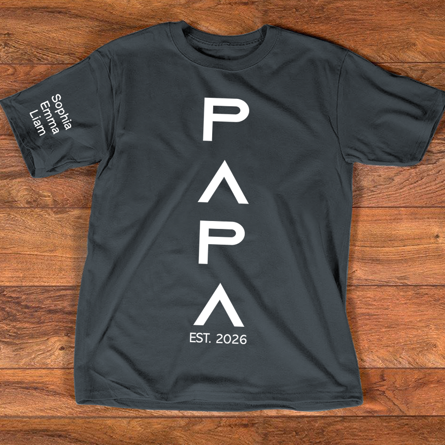 Personalized Papa Shirt with Kids Names on Sleeve, Minimalist Vertical Papa Design Tee, Custom Grandpa Family T Shirt, Gift for Father Day Birthday