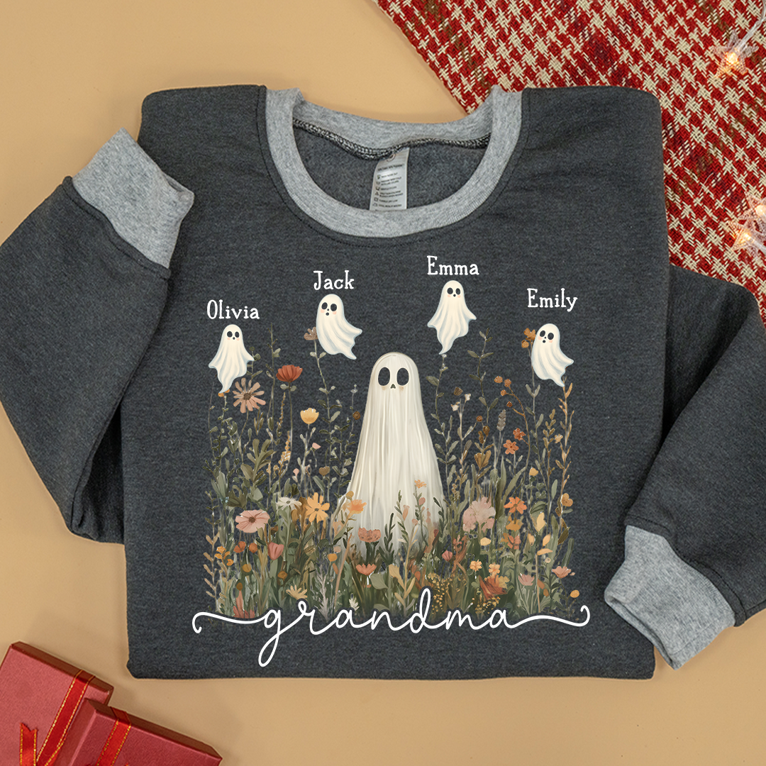 Grandma Cute Ghost in Wildflowers And Grandkids Fall Sweatshirt Mix