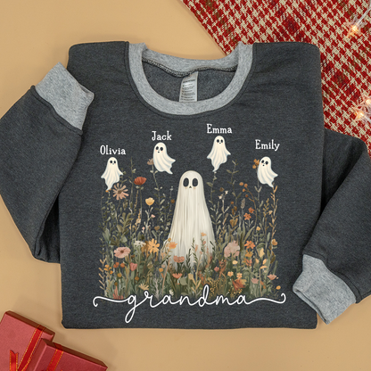 Grandma Cute Ghost in Wildflowers And Grandkids Fall Sweatshirt Mix