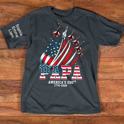 Personalized Papa Patriotic American Flag Shirt with Kids Names, Custom Family Nickname T-Shirt for Dad Fathers Day 4th of July America’s 250th 1776-2026