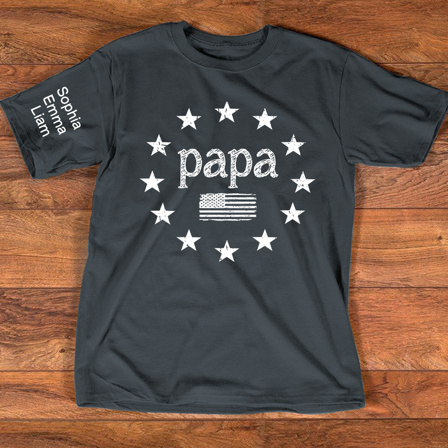 Personalized Papa American Flag Shirt with Kids Names on Sleeve, Custom Grandpa Patriotic Tee for Father’s Day, Gift for Papa Dad Grandfather
