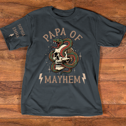 Papa Of Mayhem Personalized Shirt, Custom Papa Skull Snake Tee with Kids Names on Sleeve, Funny Grandpa Father Graphic T Shirt, Gift For Father’s Day Birthday