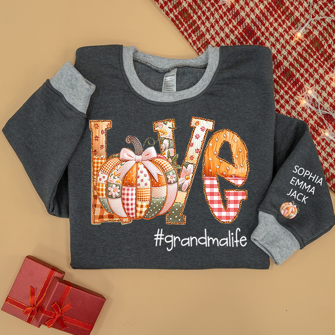 Personalized Love Grandmalife Pumpkin Patchwork Fall with Grandkids Names, Holiday Design, Cozy Family Gift for Grandma Sweatshirt Mix