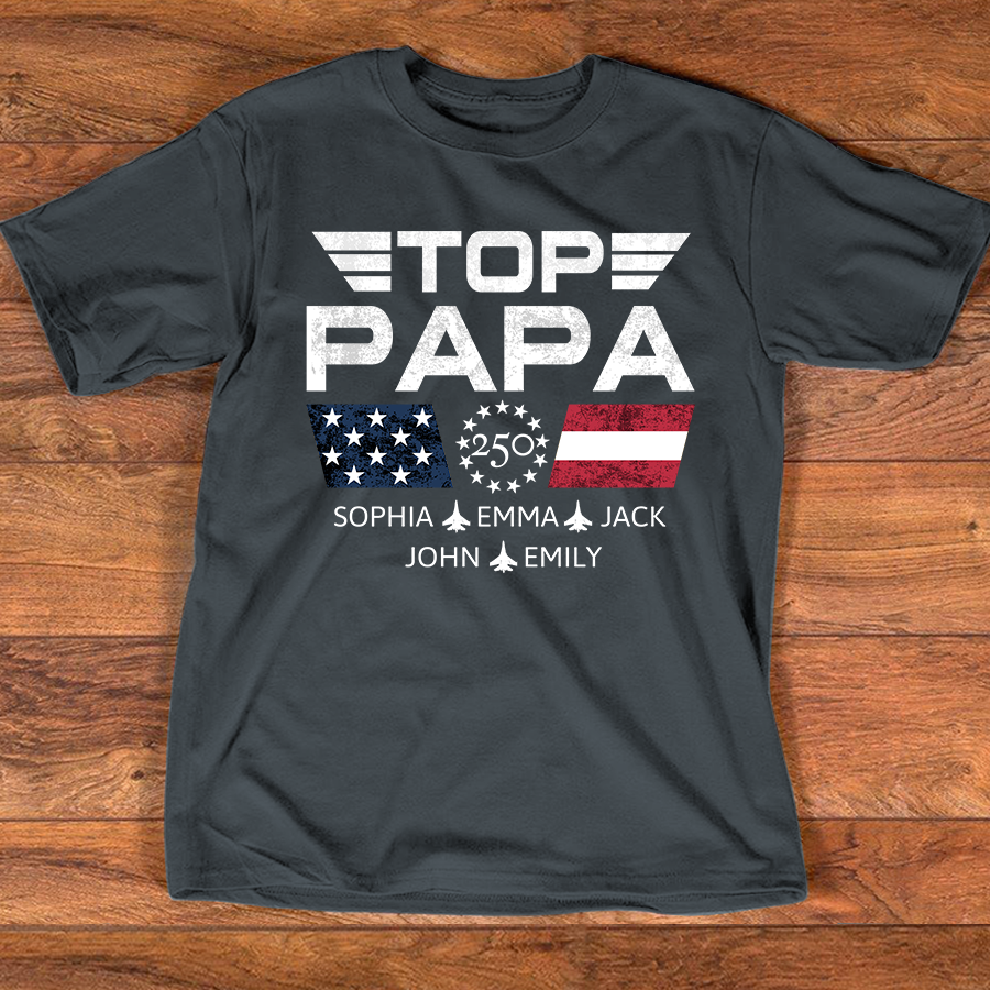 Personalized Top Papa Shirt with Custom Kids Names, Patriotic Airplane Grandpa T Shirt, U.S. 250th Anniversary Family Apparel for Fathers Day Birthday