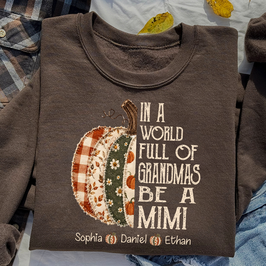 Personalized Mimi Pumpkin Shirt, Fall Floral Patchwork Grandma Tee, In a World Full of Grandmas Be a Mimi Gift Shirt
