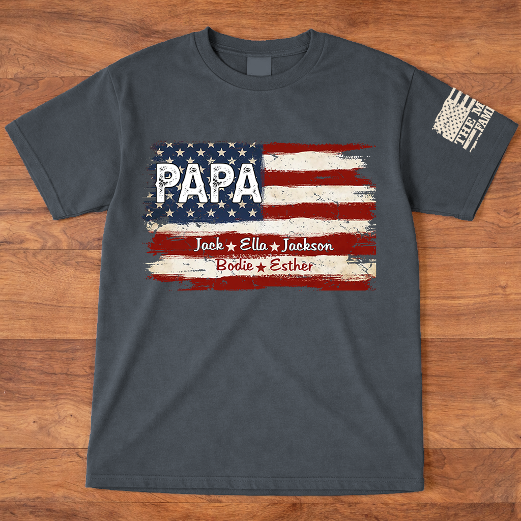 Personalized Papa American Flag Shirt, Custom Dad T-Shirt with Kids Names, Patriotic Family Gift