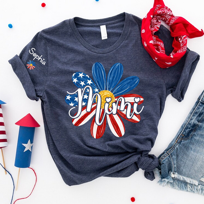 Custom Mimi T Shirt with Kids Names Floral Daisy American Flag Design Personalized Family Gift for Mimi 4th of July