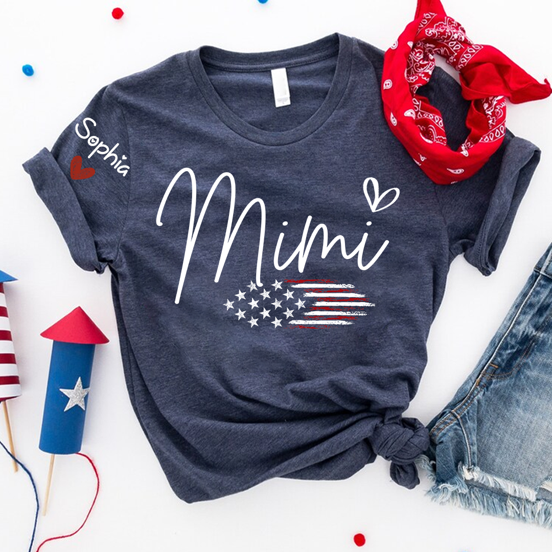 Personalized Mimi American Flag T-Shirt, Custom Design with Name, Patriotic Family Shirt for 4th of July, Gifts for Mother's Day, Birthday