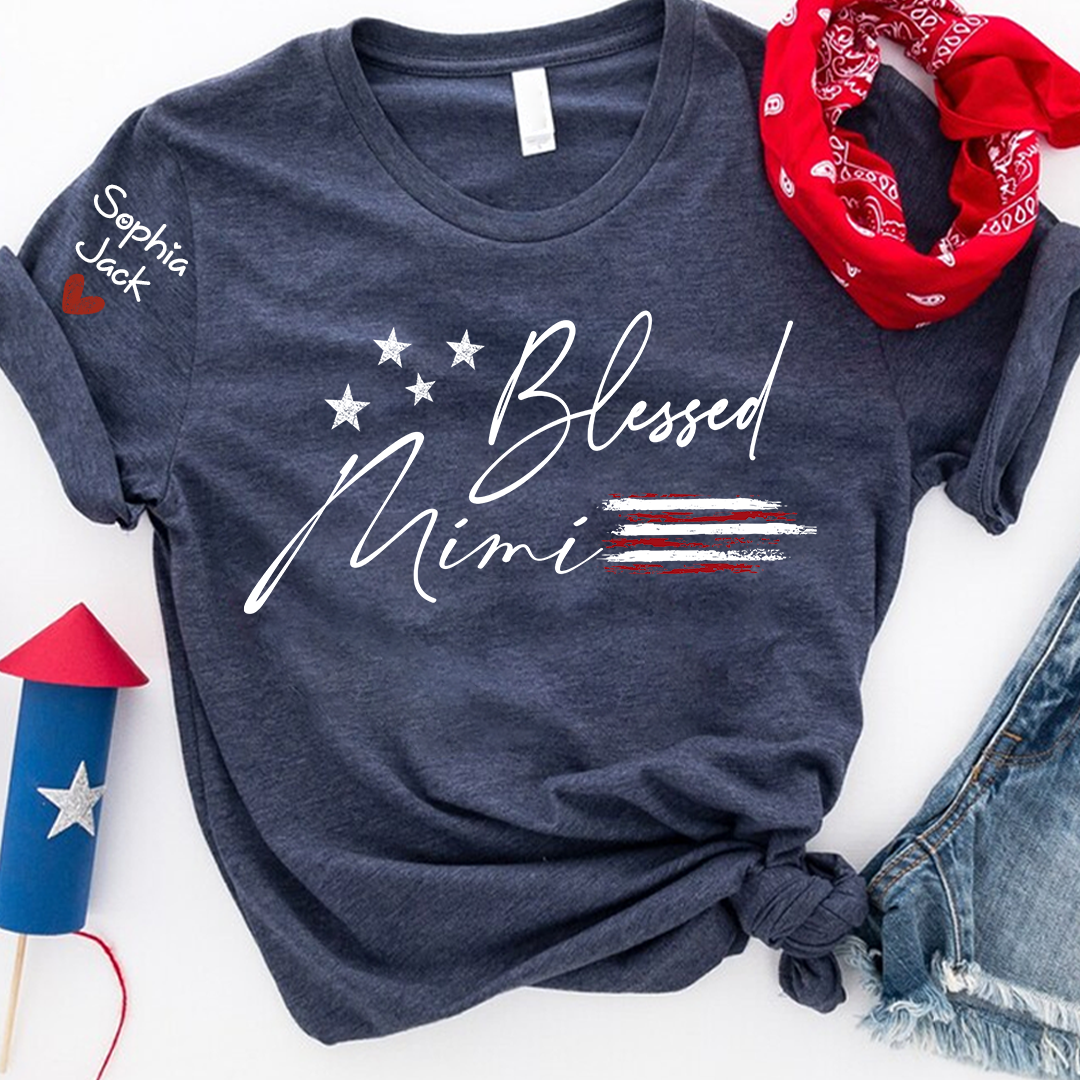 Personalized Blessed Mimi Flag American T-shirt, Custom Family Nickname Shirt with USA Flag Design for 4th of July, Perfect for Nana, Gigi, Grandma