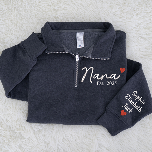 Nana Heart Sweatshirt, Personalized Nana And Grandkids Embroidered Quarter Zip Sweater
