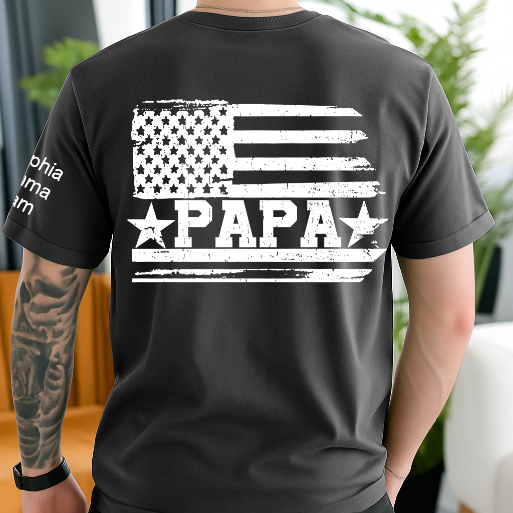 Personalized Papa T-Shirt with Custom Kids Names Option, American Flag Patriotic Design for Dad, Fathers Day Birthday Gift, Family Celebration Shirt