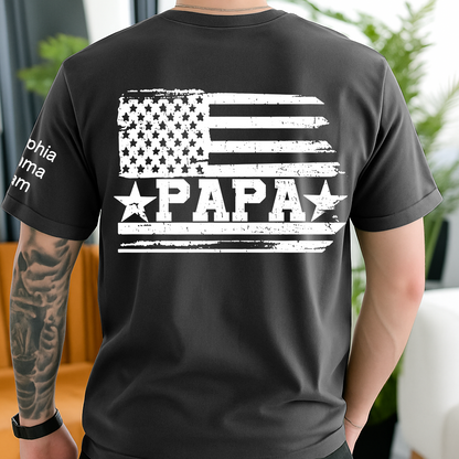 Personalized Papa T-Shirt with Custom Kids Names Option, American Flag Patriotic Design for Dad, Fathers Day Birthday Gift, Family Celebration Shirt