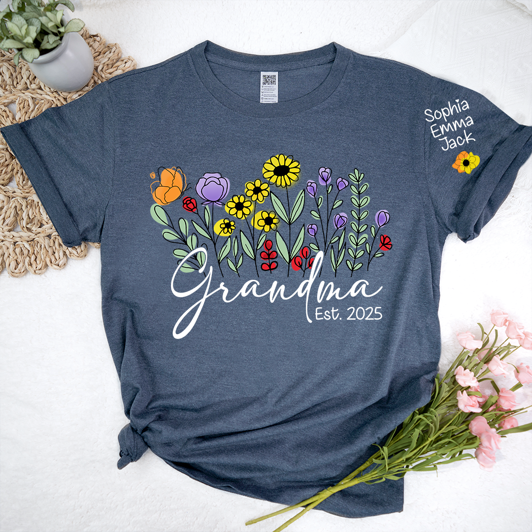 Grandma Est Flower Gift For Family T shirt, Custom Grandma And Kids