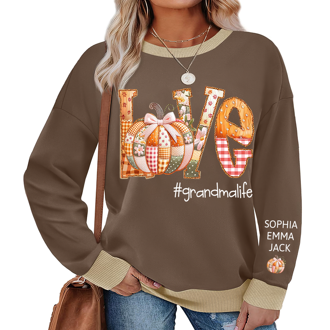Personalized Love Grandmalife Pumpkin Patchwork Fall with Grandkids Names, Holiday Design, Cozy Family Gift for Grandma Sweatshirt Mix