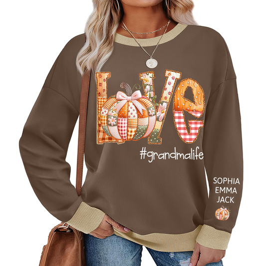 Personalized Love Grandmalife Pumpkin Patchwork Fall with Grandkids Names, Holiday Design, Cozy Family Gift for Grandma Sweatshirt Mix