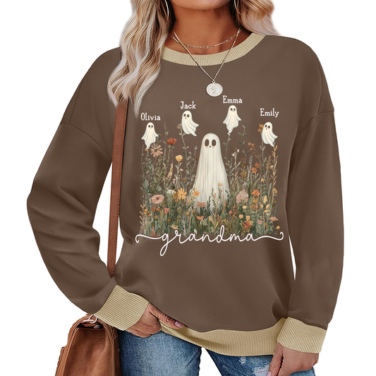 Grandma Cute Ghost in Wildflowers And Grandkids Fall Sweatshirt Mix
