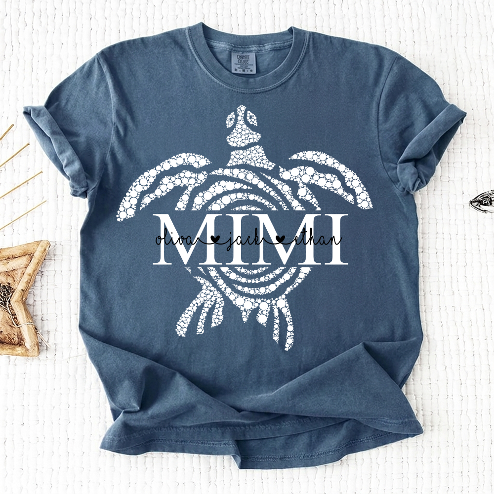 Comfort Colors® Personalized Mimi Mimi Sea Turtle Shirt, Custom Grandkids Names Beach Shirt,Custom Family Names Gift for Grandma