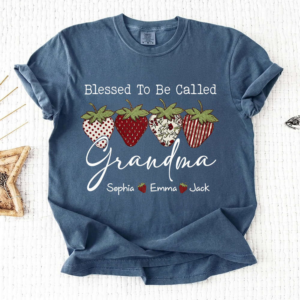 Comfort Colors® Personalized Blessed To Be Called Grandma, Custom Grandkids Names T-Shirt, Strawberry Patchwork Gift T-Shirt
