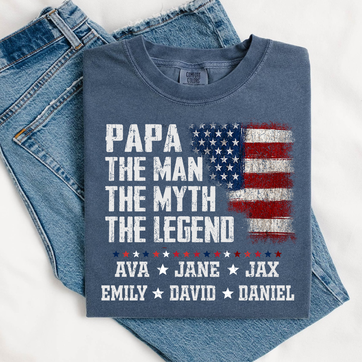 Papa The Man The Myth The Legend Shirt - Custom Comfort Colors Tee with Grandkids Names - Father's Day Gift