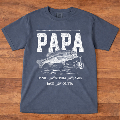 Comfort Colors® Papa Fishing Custom Name, Personalized Dad Papa Grandpa and Grandkids Gift  Father's Day T-shirt