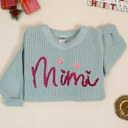 Hands Embroidery Women's Flower Block Short Sweater, Hand Embroidered Custom Name Sweater ,Oversized Sweater, Embroidered Name Sweater