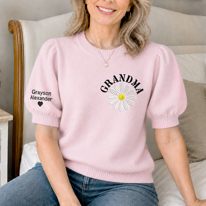 Custom Grandma Knit Sweater – Embroidered Daisy Pattern, Personalized Sleeve Text, Cozy Gift for Nana