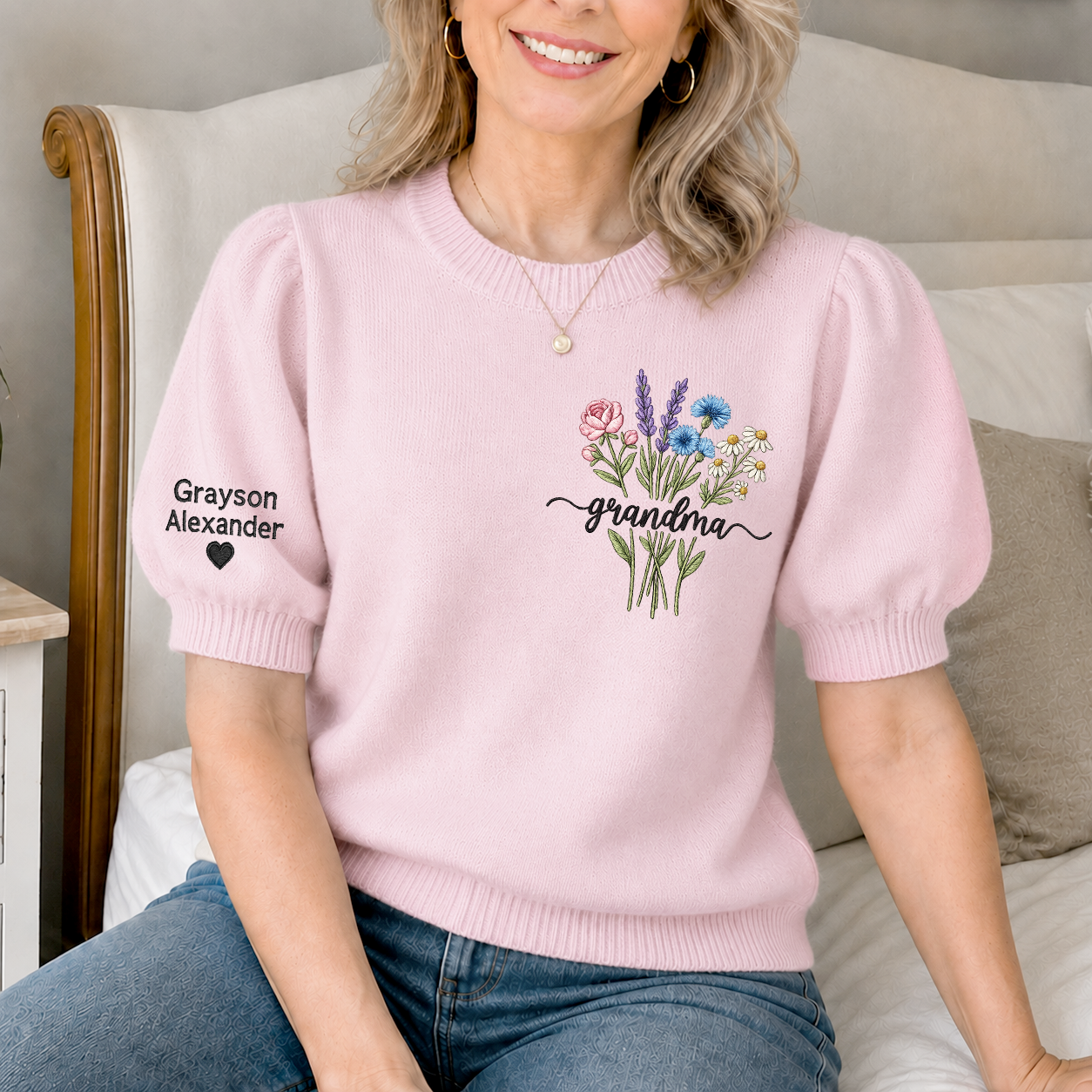 Embroidered Grandma Wildflower Knit Sweater, Personalized Crewneck, Custom Sleeve Name and Heart, Gift for Nana