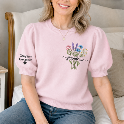 Embroidered Grandma Wildflower Knit Sweater, Personalized Crewneck, Custom Sleeve Name and Heart, Gift for Nana
