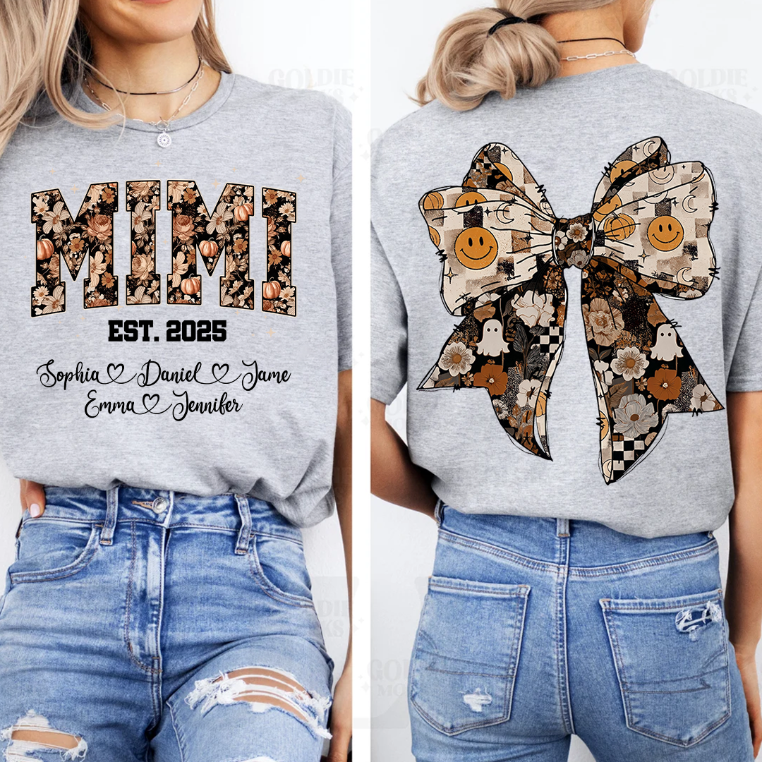 Fall Mimi Shirt with Halloween Bow and Grandkids Names Personalized Gift for Grandma T-shirt