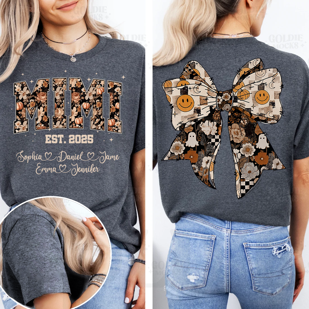 Fall Mimi Shirt with Halloween Bow and Grandkids Names Personalized Gift for Grandma T-shirt