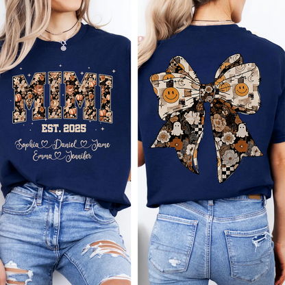 Fall Mimi Shirt with Halloween Bow and Grandkids Names Personalized Gift for Grandma T-shirt