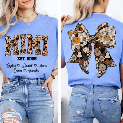 Fall Mimi Shirt with Halloween Bow and Grandkids Names Personalized Gift for Grandma T-shirt