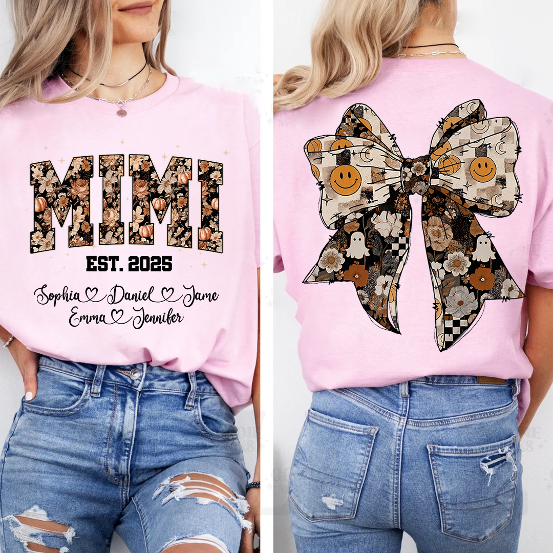 Fall Mimi Shirt with Halloween Bow and Grandkids Names Personalized Gift for Grandma T-shirt