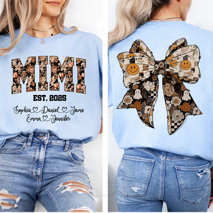 Fall Mimi Shirt with Halloween Bow and Grandkids Names Personalized Gift for Grandma T-shirt